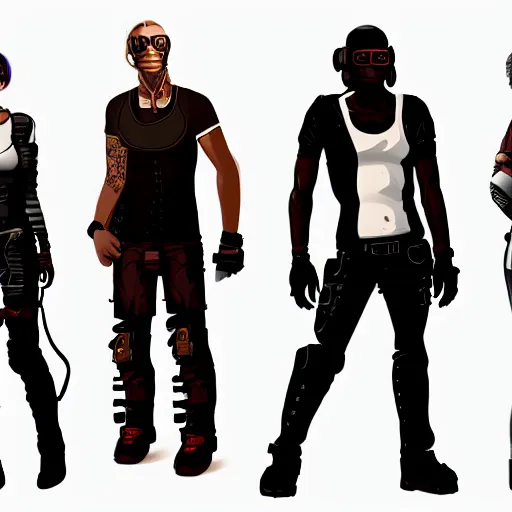 Prompt: crew of cyberpunk characters, white background