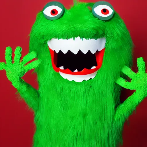 Prompt: a green monster with claws and red mouth