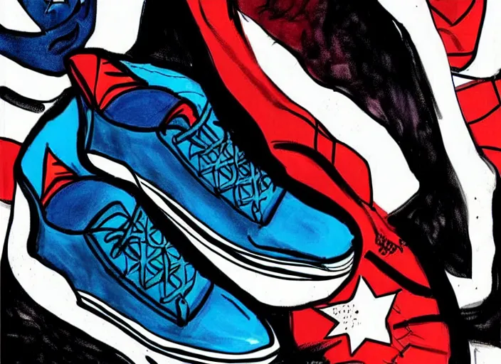 Image similar to sneakers of captain america by tim burton, view from the side, comics book cover style