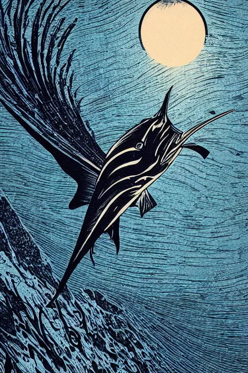 Image similar to a beautiful woodcut print of a marlin, 8 k, frostbite 3 engine, cryengine, dof, trending on artstation, digital art, crepuscular ray, art by roy l davies and tugboat printshop