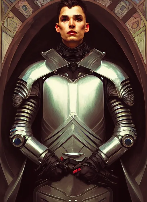 Prompt: portrait of a handsomel cyberpunk knight man, beautiful symmetrical face, fantasy, regal, by stanley artgerm lau, greg rutkowski, thomas kindkade, alphonse mucha, loish, norman rockwell.