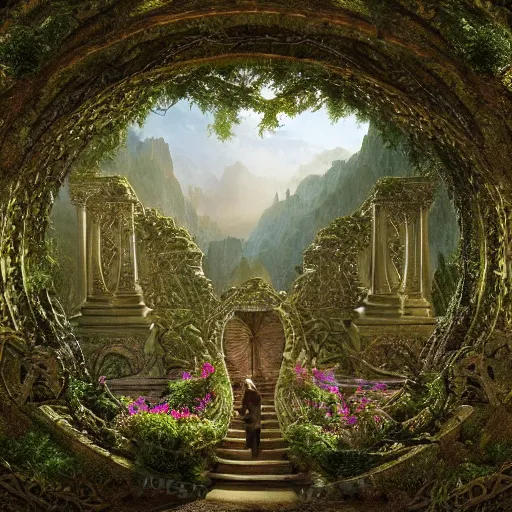 Image similar to a beautiful and highly detailed matte painting of an elven temple in a magical fantasy garden in a lush forest in the mystical mountains, celtic knots, intricate details, epic scale, insanely complex, 8 k, sharp focus, hyperrealism, very realistic, by caspar friedrich, albert bierstadt, james gurney, brian froud,