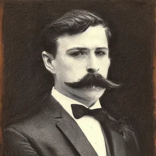 Image similar to portrait of an action hero, suit, bow tie, mustache, by alfred stevens in charcoal