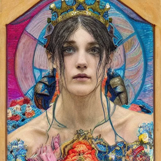 Image similar to the night crown, by Annie Swynnerton and Alayna Danner, embroidered robes, starry tattoos, elaborate costume, geometric ornament, symbolist, soft colors, dramatic lighting, smooth, sharp focus, extremely detailed