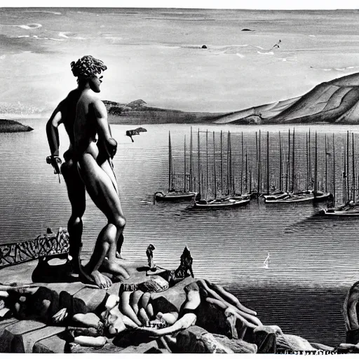 Image similar to the colossus of rhodes statue standing above the greek harbor with boats going through its legs black and white dali picture front view