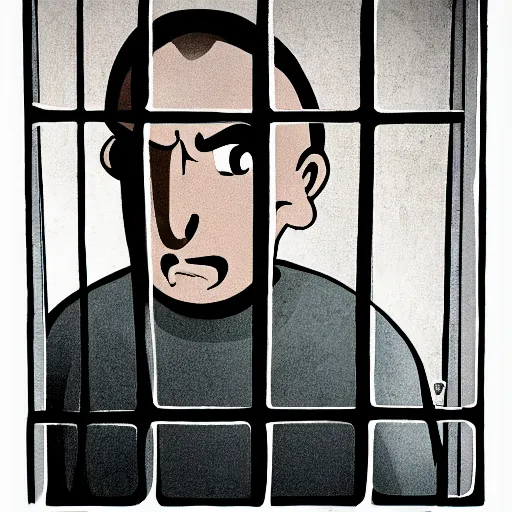 Image similar to sad prisoner holding ipad, prison cell, frustrated expression, dark mood, hopelessness, gloomy, in the style of frank miller