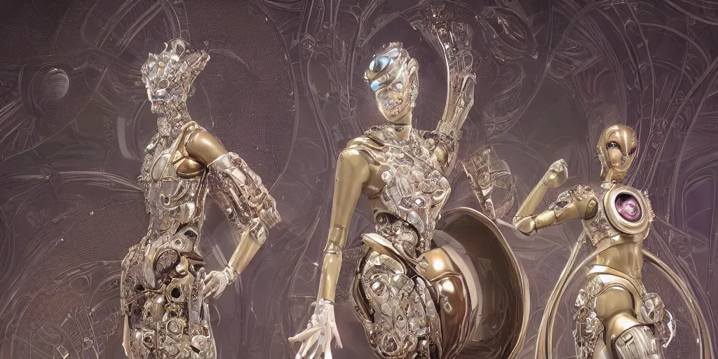 Image similar to a incredible elegant hollow bionic art nouveau alien galaxy japanese pearl queen superheroes, mithras, with ornate jewelled, sci - fi, high - tech, the met museum, streamlined, futuristic, spot lighting, led, photorealistic, high detailed, concept art, exquisite aristocratic, industrial factory by leonardo da vinci rendered in octane 8 k