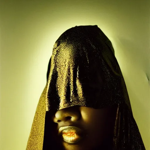 Image similar to a portrait of a young black woman wearing a long dark cloak, hood and shadows covering face, wearing shiny gold, oil painting, matte painting, black background, Volumetric Golden dappled dynamic lighting, Highly Detailed, Cinematic Lighting, Unreal Engine, 8k, HD, by Beksinski