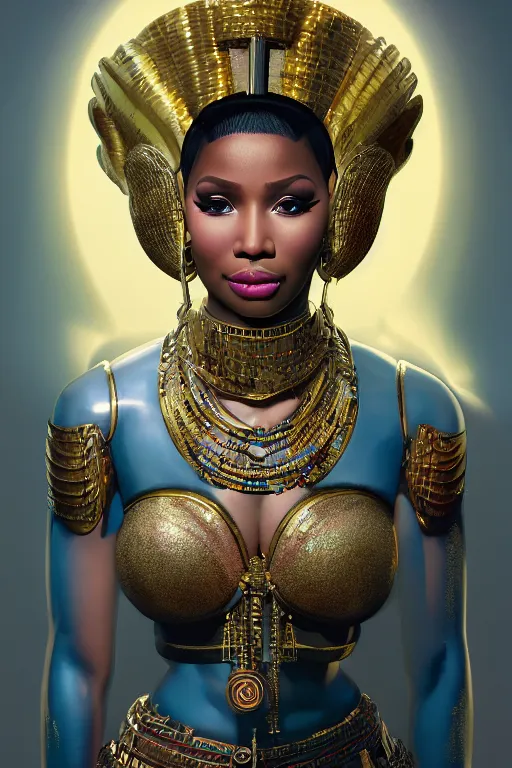 Image similar to nicki minaj as cleopatra smiling, looking down, au naturel, hyper detailed, digital art, trending in artstation, cinematic lighting, studio quality, smooth render, unreal engine 5 rendered, octane rendered, art style by klimt and nixeu and ian sprigger and wlop and krenz cushart