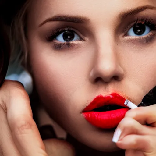 Prompt: woman smoking a cigarette, cigarette smoking, smoking, ( red lipstick ), lips on cigarette, puckering, smoke, close up