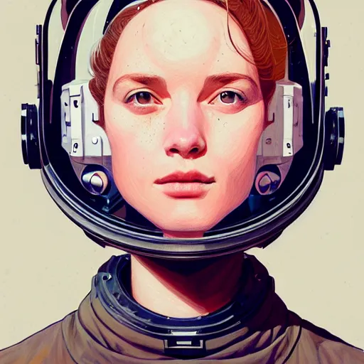 Prompt: A portrait of a girl wearing a vintage sci-fi astronaut helmet and holding a blaster, face, intricate, elegant, highly detailed, digital painting, artstation, concept art, smooth, sharp focus, illustration, art by phil noto and rebecca guay and james jean