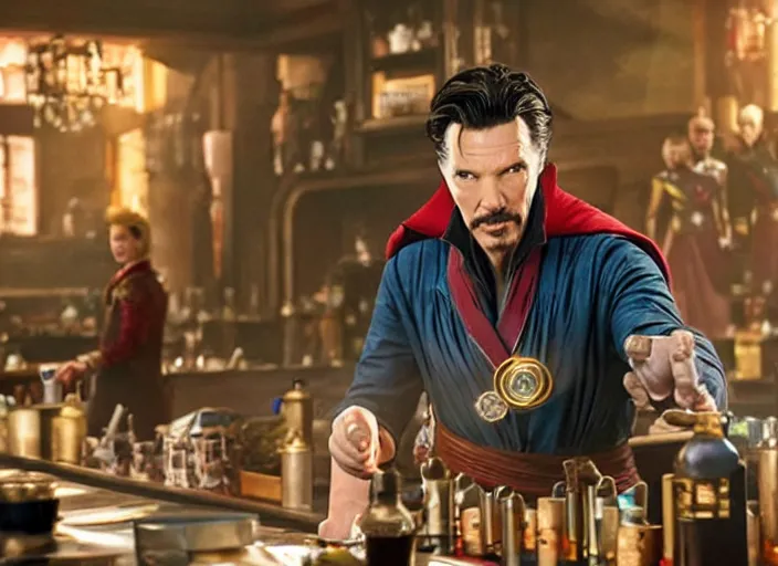 Image similar to film still of Doctor Strange working as a bartender in the new Avengers movie, 4k