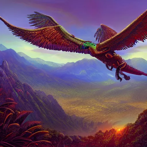 Prompt: a beautiful ultradetailed matte painting of Quetzalcoatl flying over a lush mountain range at dusk by Antonio J. Manzanedo and Florent Desailly and Dan Mumford, tarot card, ultra wide angle shot, intricate, rays of god, hyperdetailed, micro details, volumetric lighting, 8k, ray tracing, polarized lens