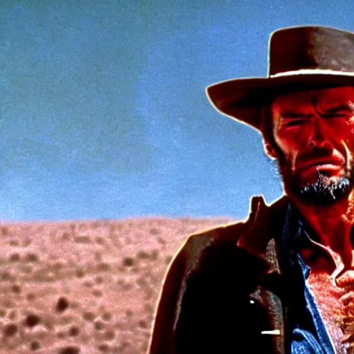 Prompt: clint eastwood squinting at high noon in the style of a clint eastwood movie, the good, the bad and the ugly, clint eastwood, steven seagal, bud spencer, donald trump, glory days, patriotism