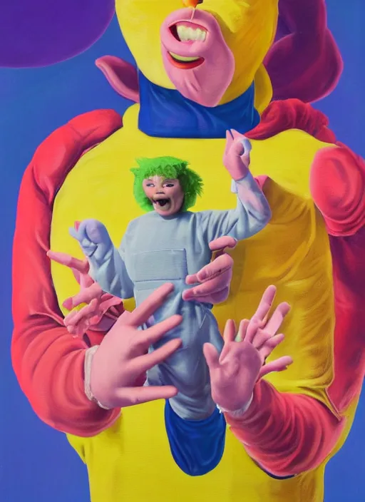 Image similar to Mark Zuckerberg looks anxious dressed as a Teletubbies, hyperfeminine, oil on canvas painting from rococo era Mark Zuckerberg portrait, Mattel product, vintage advertisement CMYK coloured lithography in the style of Bjork, in the style of David O\'Reilly, directed by David Cronenberg, weirdcore cursed POV hidden