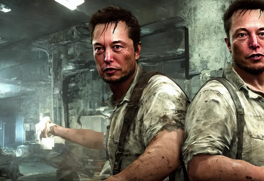 Image similar to elon musk in the last of us, elon musk in the video game in the last of us, gameplay screenshot, close up, 3 d rendering. unreal engine. amazing likeness. very detailed.