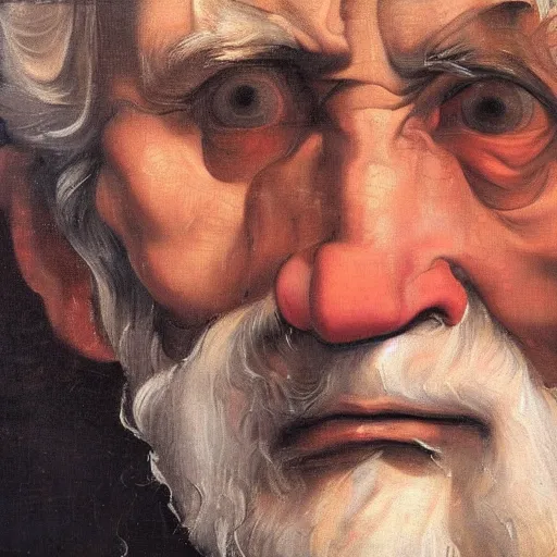 Image similar to detailing character concept portrait of old man by Caravaggio, on simple background, oil painting, middle close up composition