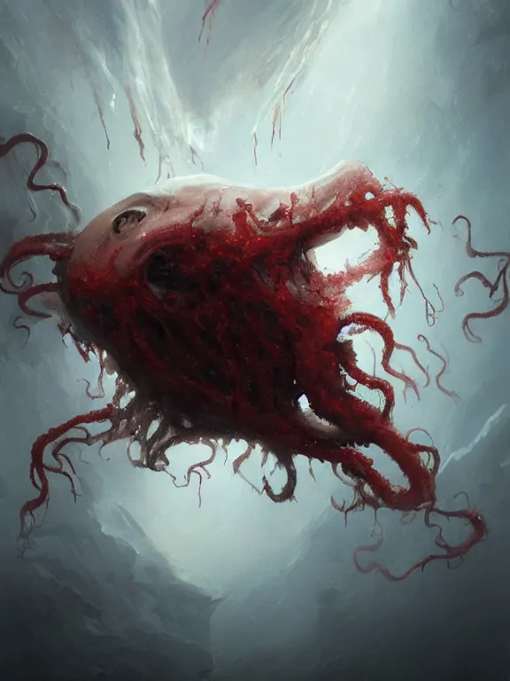 Image similar to painting by greg rutkowski of a flying sorrowful looking human head with tears running down it's eyes, face that is chalk white in color, with long sprawling white tentacles stemming down it's neck, fiery scorching red eyes, flying in a terrying hellish dark cavernous place