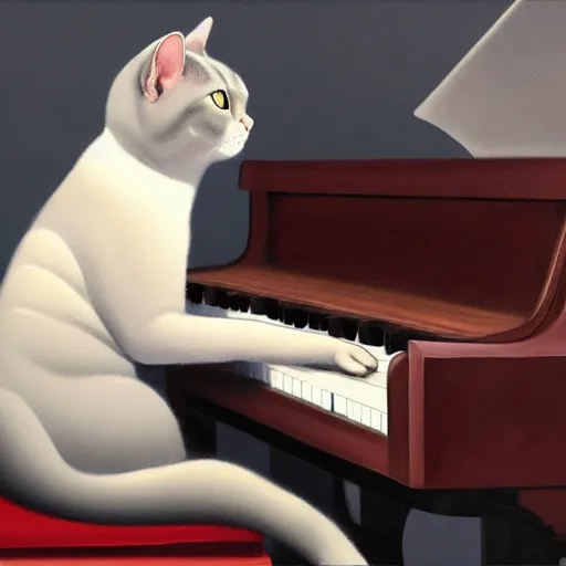 Prompt: grey british shorthair cat playing the piano, detailed painting in the style of ralph mcquarrie 4 k