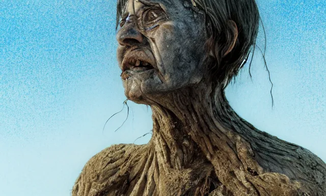 Image similar to close-up of a crying ancient dried up Danu, peaceful, facing the camera and standing in front of a dried up river in a desolate land, dead trees, blue sky, hot and sunny, highly-detailed, elegant, dramatic lighting, artstation, 4k, cinematic landscape, photograph by Elisabeth Gadd