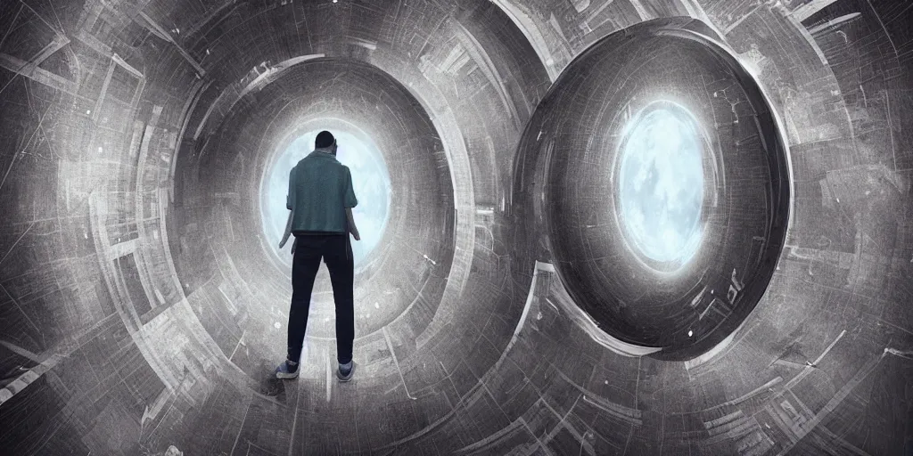 Image similar to guy standing in spinning portal where he can see himself in the future, trippy, weird, artstation, realistic, moody