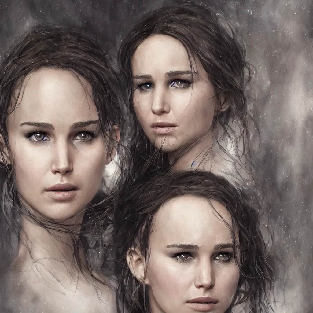 Prompt: half nathalie portman half Jennifer lawrence centered detailed portrait which looks like from Game of Thrones, realistic character concept, identical eyes, gazing eyes, beautiful eyes medium shot, elegant pose, fantasy, illustration, slender symmetrical face and body, artstation, cinematic lighting, hyperdetailed, cgsociety, 8k, high resolution, Charlie Bowater, Tom Bagshaw and Tom Richmond, single face, insanely detailed and intricate, beautiful, elegant, golden ratio, dark fractal background, vfx, postprocessing, alluring