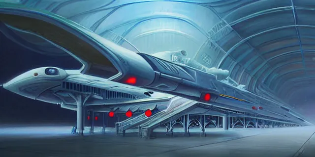 Image similar to a painting of a sci fi hangar, by charlie bowater