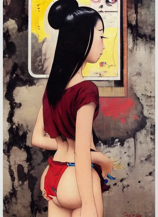 Image similar to painting of a young japanese woman standing in harajuku street art by frank frazetta