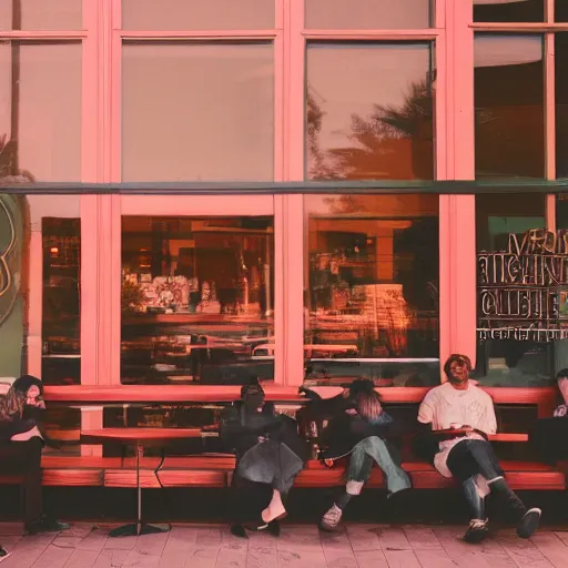 Image similar to cinematic photo of ghosts hanging out inside a starbucks in the late afternoon with red sunlight