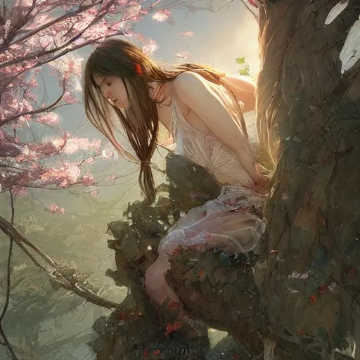 Prompt: awoke to sweet smell of spring, by wlop, artgerm, greg rutkowski