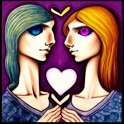 Image similar to perfectly centered symmetrical split male and female portrait of man and woman in love sharing one heart. art by jasmine becket griffith