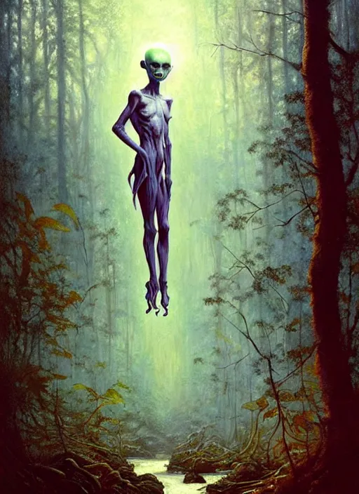 Image similar to hyper realistic magic alien in the woods in a river gorgeous lighting, lush forest foliage blue sky a hyper realistic painting by chiara bautista and beksinski and norman rockwell and greg rutkowski, tom bagshaw weta studio, and lucasfilm