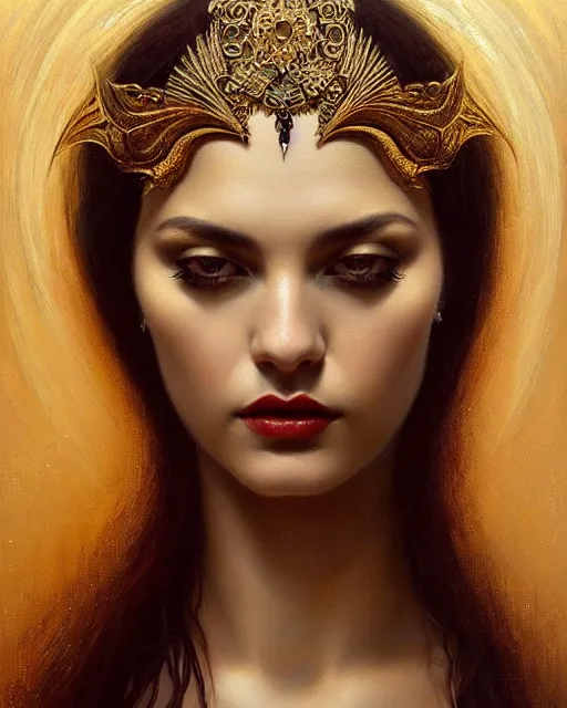 Image similar to portrait of a beautiful goddess, enigmatic beauty, dominant shades of black, gold, silver, dark red, white, head in focus, fantasy art, ornamental aesthetics, intricate, elegant, highly detailed, hyperrealistic painting, artstation, concept art, painterly, sharp focus, illustration, art by karol bak