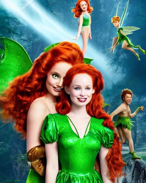 Image similar to Madelaine Petsch as Peter Pan and Will Ferrel dressed as Tinkerbell, cinematic, Trending on Artstation, in the style of Ridley Scott, Neverland, Magical, Ethereal