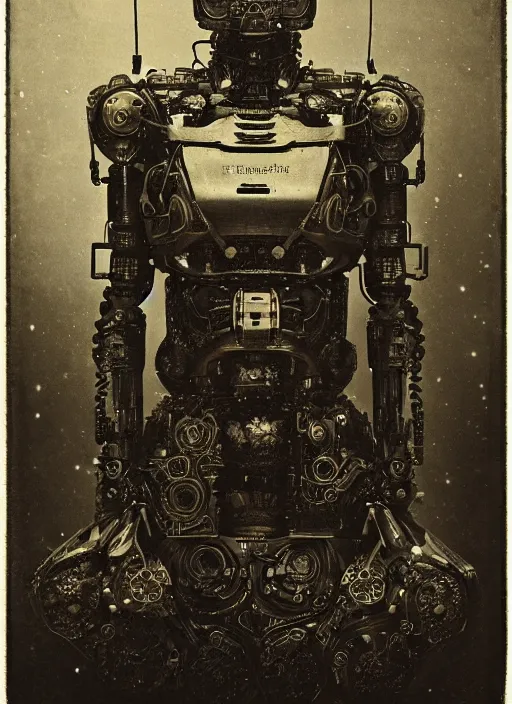 Prompt: old wetplate daguerreotype portrait of futuristic robot, dubbel negative exposure, explosion of data fragments, fractal, intricate, elegant, highly detailed, parallax, leica, medium format, subsurface scattering, by jheronimus bosch and greg rutkowski and louis jacques mande daguerre