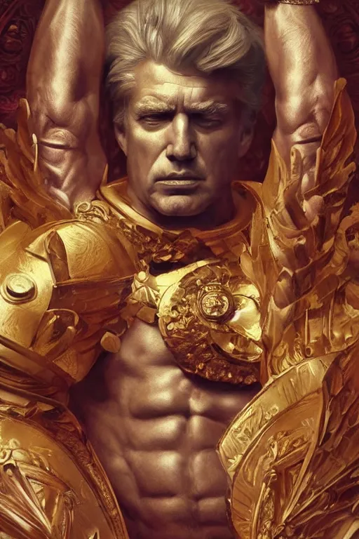 Image similar to President Donald J Trump as a Greek god, detailed face, gorgeous, amazing, muscular, fit, very muscular male body, Caesar victorious, proud Emperor , intricate, highly detailed, digital painting, artstation, concept art, sharp focus, illustration, art by greg rutkowski beeple and alphonse mucha