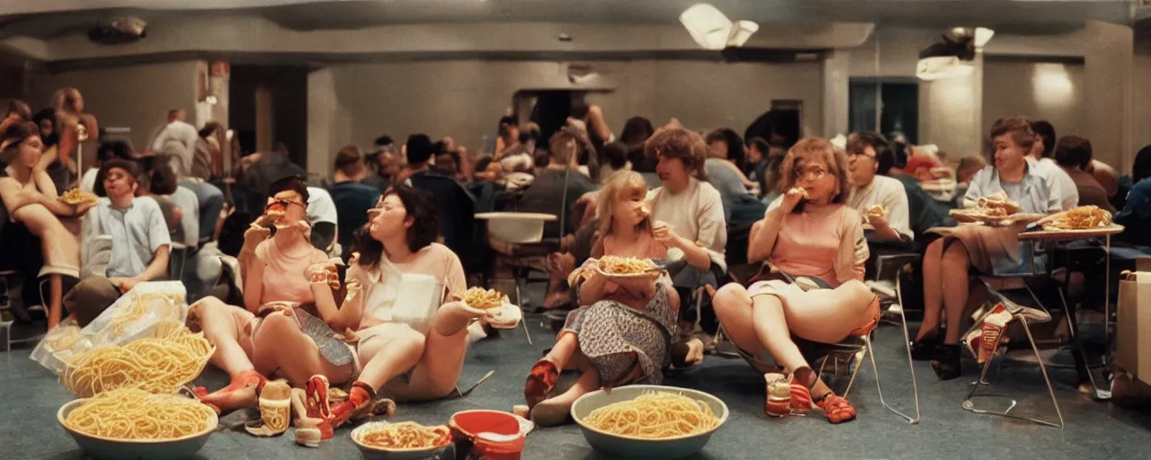 Prompt: people at the movies eating spaghetti out of a popcorn container, kodachrome, in the style of wes anderson, retro