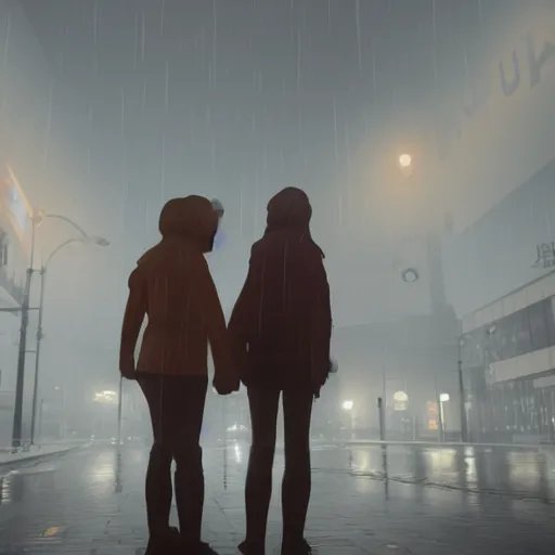 Image similar to rainy videogame with multiple characters liking each other in difficult times, colored point lights, volumetric lighting, unreal engine, 8K,