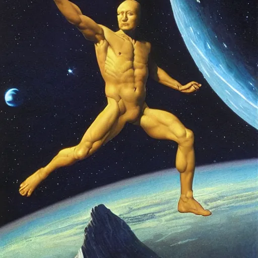 Prompt: the creation of the human race from the material in the stars. cosmos, detailed oil painting by vincent di fate michelangelo and alan lee