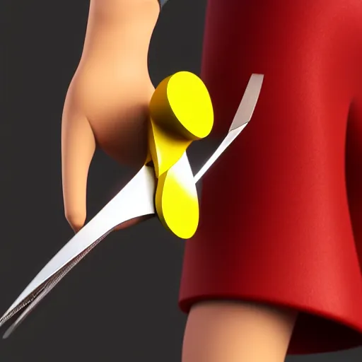 Prompt: a close up of a cartoon character holding a pair of scissors, a raytraced image by cedric seaut ( keos masons ), cgsociety contest winner, generative art, rendered in cinema 4 d, rendered in maya, polycount