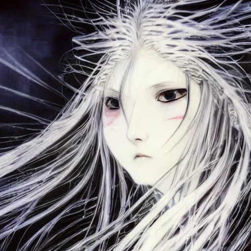 Prompt: Yoshitaka Amano realistic illustration of an anime girl with wavy white hair fluttering in the wind and cracks on her face wearing Elden ring armour with the cloak, abstract black and white patterns on the background, noisy film grain effect, highly detailed, Renaissance oil painting, weird portrait angle