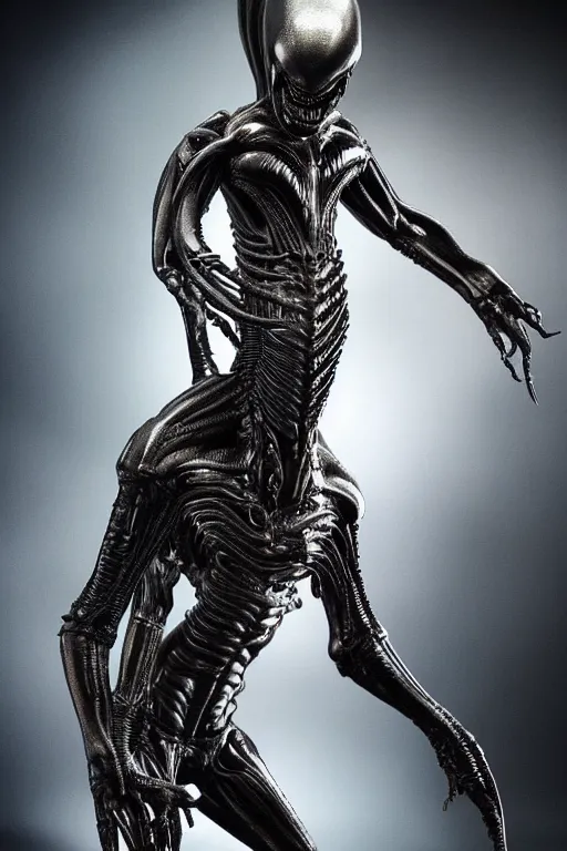 Prompt: hr giger xenomorph alien design in embrio pose, black, shiny body, hyperrealistic, cinematic lighting
