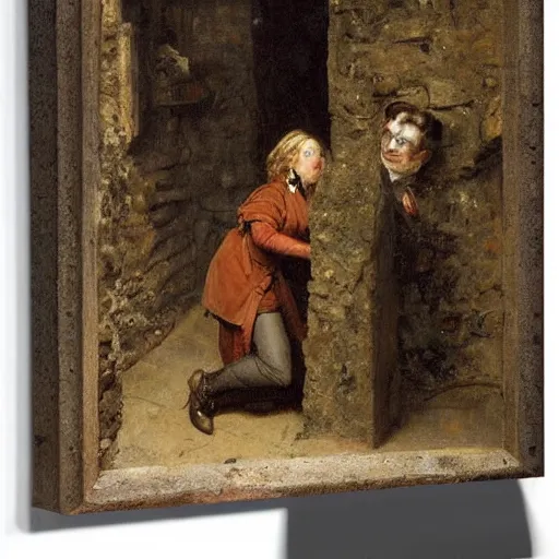 Image similar to young victorian man and woman solving a riddle carved into a stonewall in a dungeon, by alfred stevens