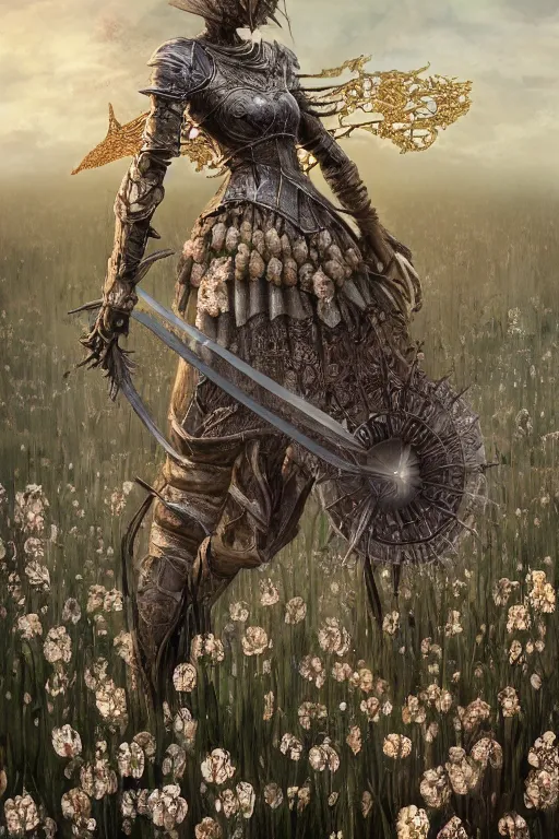 Prompt: portrait of a Girl Knight standing in the field of flowers,Dark Souls 3 themed, insanely detailed and intricate, golden ratio, elegant, ornate, luxury, elite, ominous, haunting, matte painting, cinematic, cgsociety, James jean, Brian froud, ross tran, Laputa