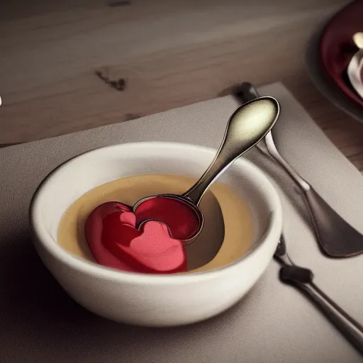 Prompt: a raw human heart in a bowl on a engilsh 1 8 th century dinner table, spoon placed, a glass of milk in the style of an american horror story, octane render, unreal engine 5, hyper realism, 4 k - n 9