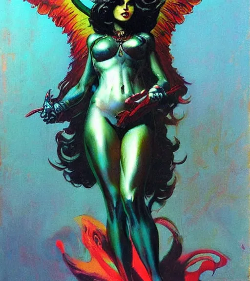 Image similar to portrait of junoesque iranian female chaos angel, beautiful! coherent! by frank frazetta, by brom, strong line, vivid neon color, shining metal power armor, iron helm, high contrast, maximalist