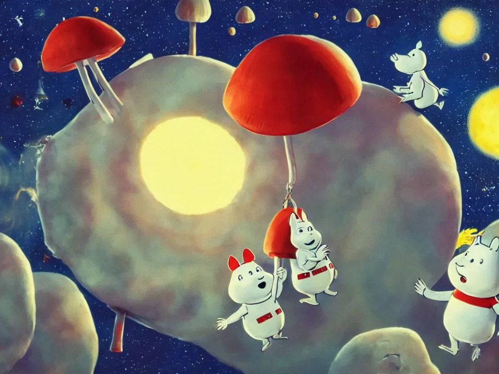 Prompt: moomins in space suits flying around with jetpacks discovering the mushroom planet, photorealistic painting, cgi, low light, movie still, very cozy and fluffy and sweet