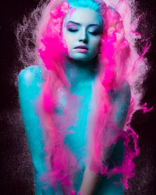 Image similar to a dramatic lighting photo of a beautiful young woman with cotton candy hair. paint splashes. with a little bit of cyan and pink