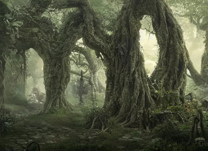 Image similar to secret garden, pathway, scary monster statues, trees with faces, in the style of pan's labyrinth movie, spooky, very dark, concept art, unreal engine 5, matte painting, artstation, caspar friedrich