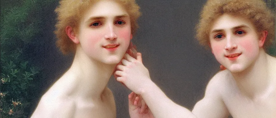 Prompt: A pale blond androgynous young man Lucius, fluffy light long blond curly hair. Gentle opal eyes. Smiling. Happy. Cheerful. Art by william adolphe bouguereau. Extremely detailed. Beautiful. 4K. Award winning.